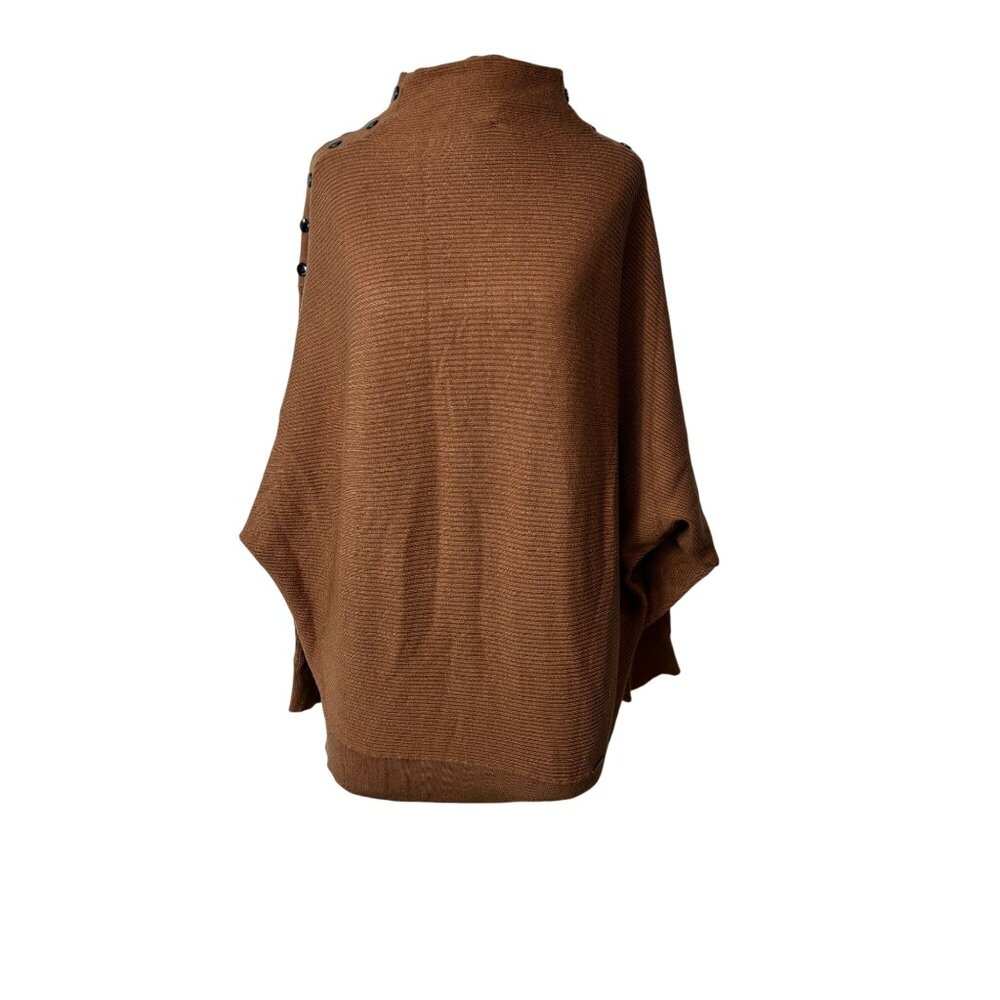 Tahari Womens Brown Ribbed Knit Poncho Sweater With Button Accents Size L